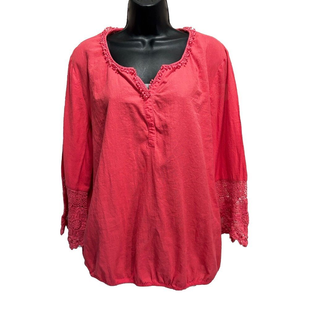 Style & Co Pink Crochet Bell Long Sleeve Blouse Elastic Hem Size‎ XL Cotton